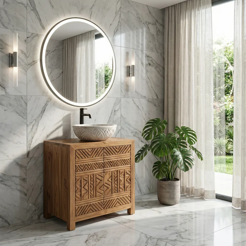 Tribal Geometric Solid Wood Bathroom Vanity Compact Storage Cabinet SINLKIBRV281