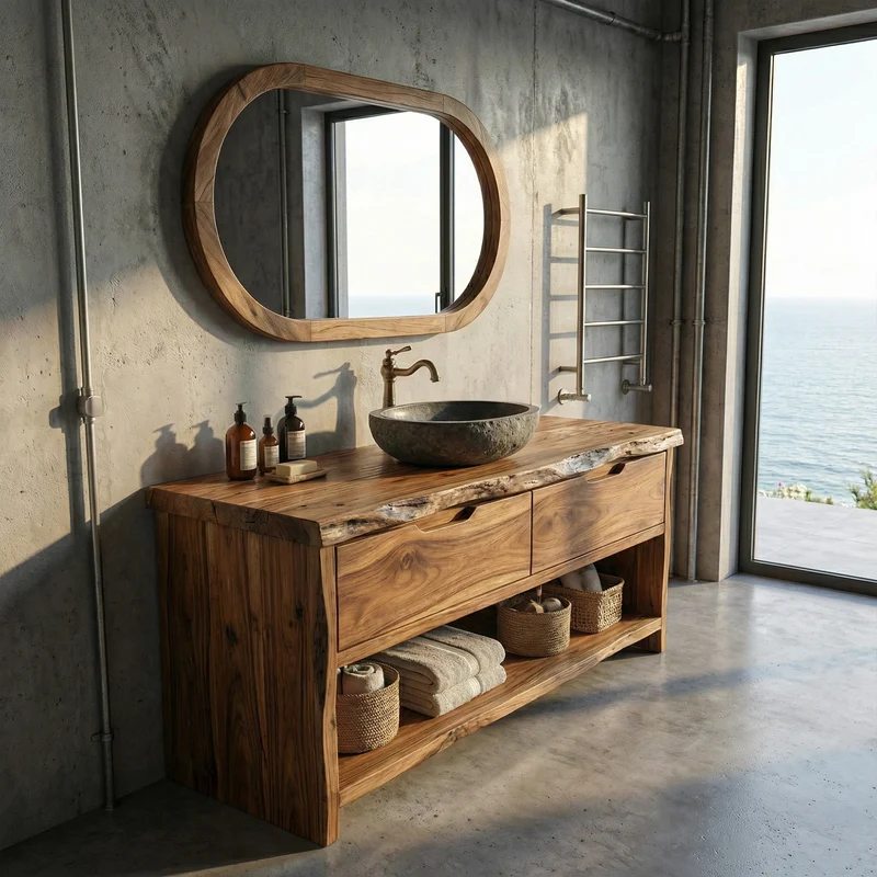 Spry Interior Industrial Solid Wood Bathroom Vanity, Freestanding Single Washstand Cabinet with Open Shelf Storage, Rustic Design, SINLKIBRV286