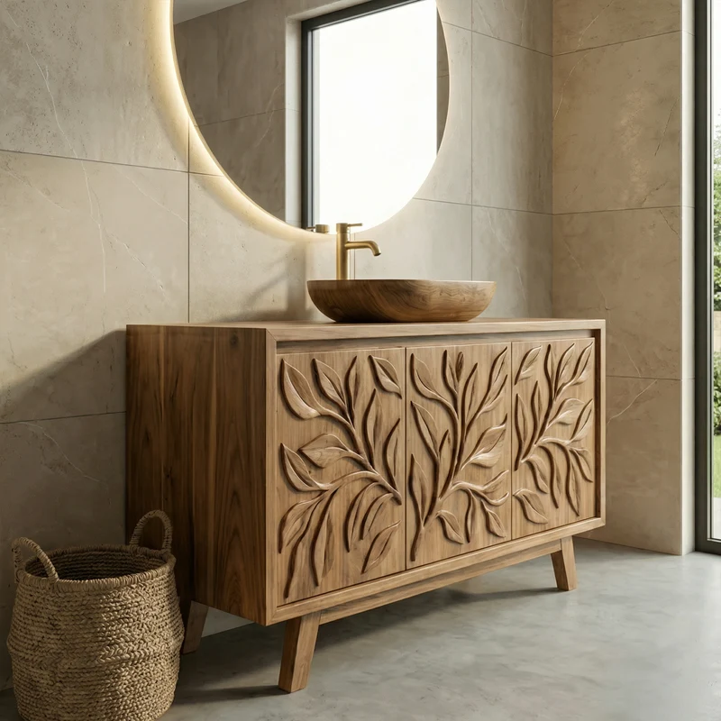 Scandinavian Leaf Carved Solid Wood Bathroom Vanity Minimal Storage Cabinet SINLKIBRV284