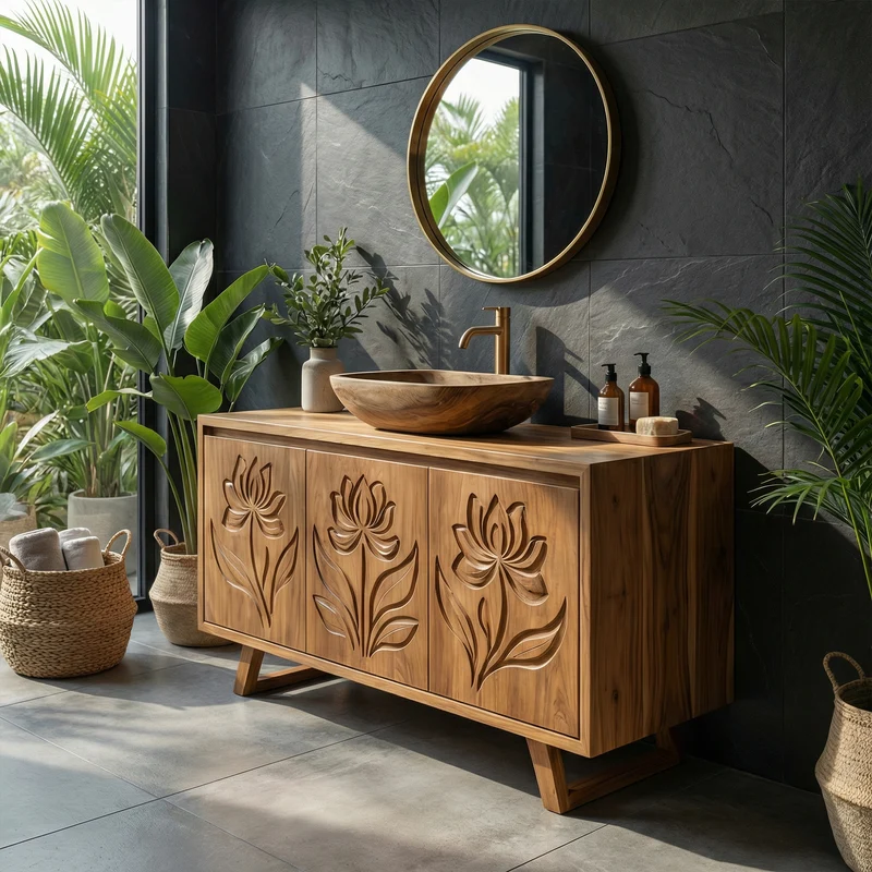 Tropical Floral Carved Solid Wood Bathroom Vanity Freestanding Cabinet SINLKIBRV283