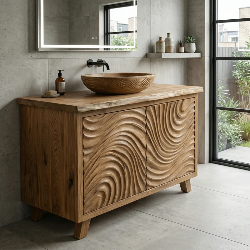 Modern Wave Carved Solid Wood Bathroom Vanity Freestanding Cabinet SINLKIBRV282
