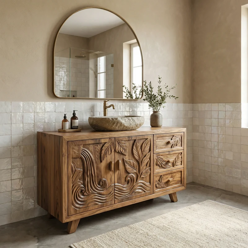 Bohemian Solid Wood Bathroom Vanity Leaf Carved Storage Cabinet SINLKIBRV280
