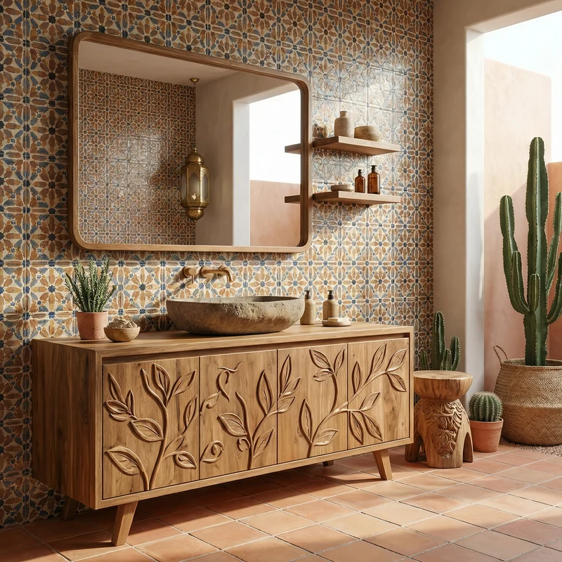 Mediterranean Solid Wood Bathroom Vanity Floral Carved Freestanding Cabinet SINLKIBRV279