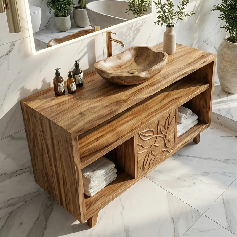 Spry Interior Contemporary Solid Wood Bathroom Vanity, Freestanding Single Washstand Cabinet with Carved Doors & Open Niche, SINLKIBRV278