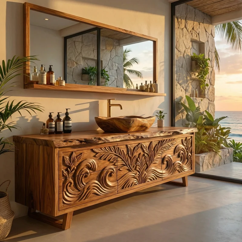 Luxury Tropical Hand Carved Solid Wood Bathroom Vanity Statement Cabinet SINLKIBRV276