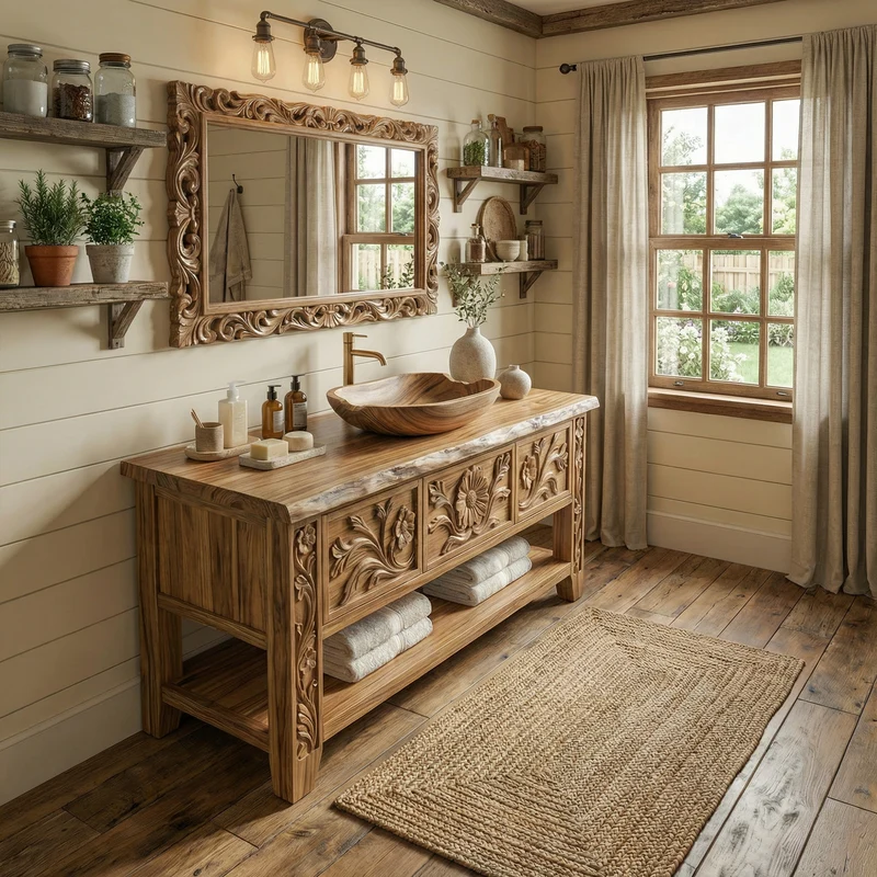 Rustic Hand Carved Solid Wood Bathroom Vanity Decorative Panel Cabinet SINLKIBRV275