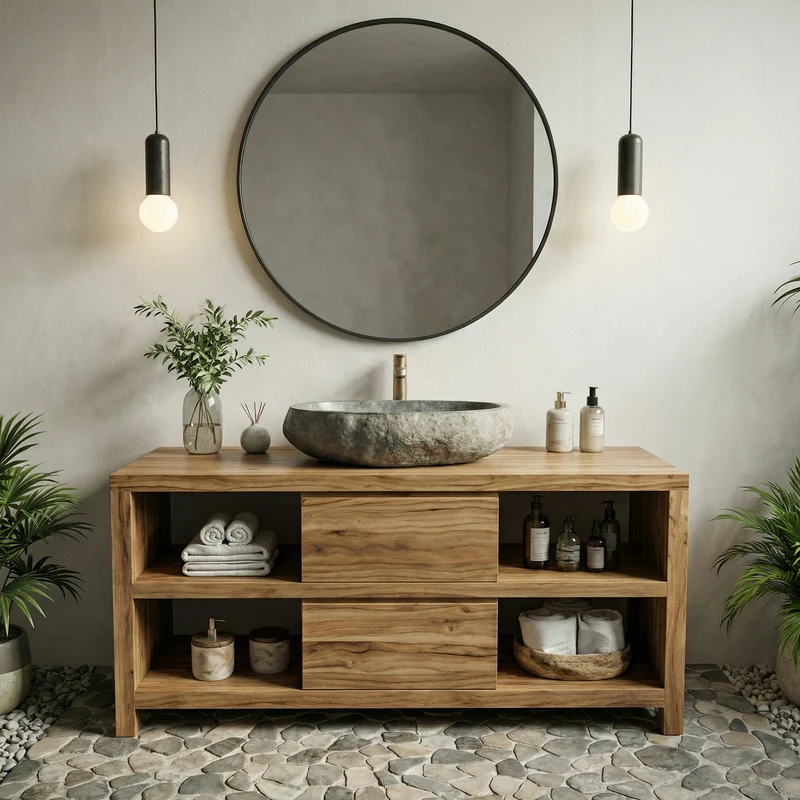 Modern Minimal Solid Wood Bathroom Vanity Open Shelf Storage Cabinet SINLKIBRV273