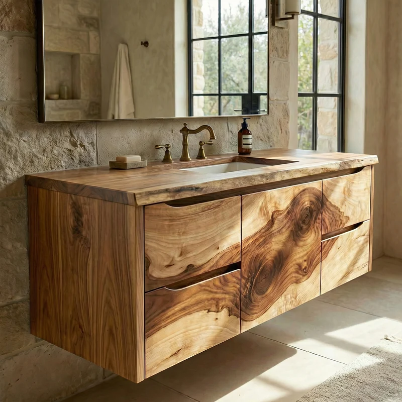 Modern Floating Solid Wood Bathroom Vanity Natural Slab Storage Cabinet SINLKIBRV271