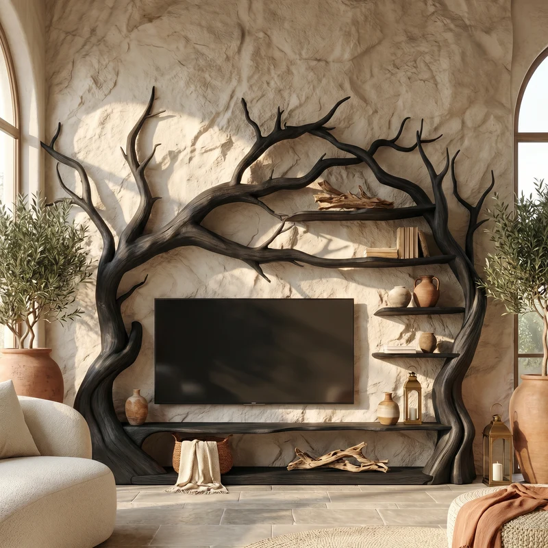 Rustic Statement Tree TV Console For Living Room And Artistic Interior SINLSATB707