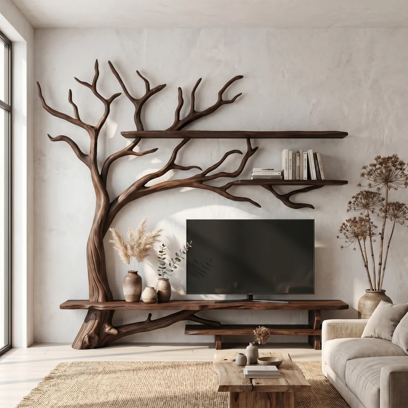Rustic Tree Wall TV Stand System For Living Room And Media Space SINLSATB705