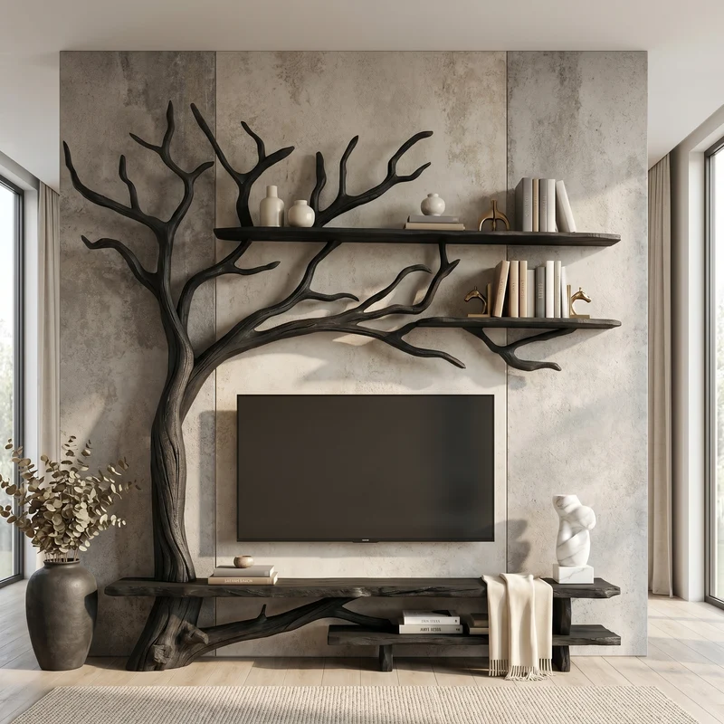 Rustic Tree Wall TV Stand System For Living Room And Media Space SINLSATB705