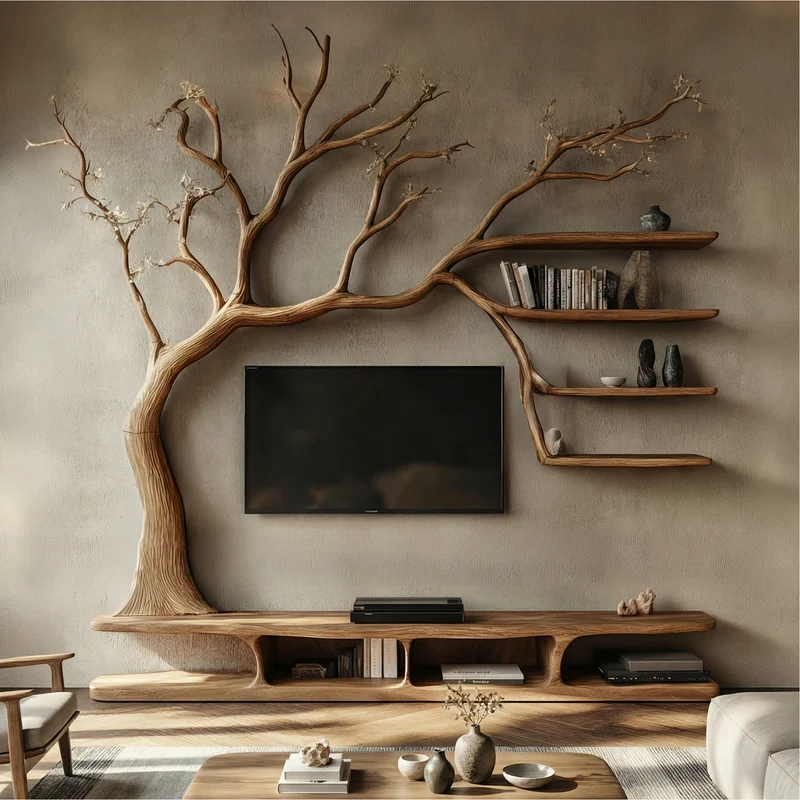 Rustic Artistic Tree TV Cabinet For Living Room And Entertainment Area SINLSATB704