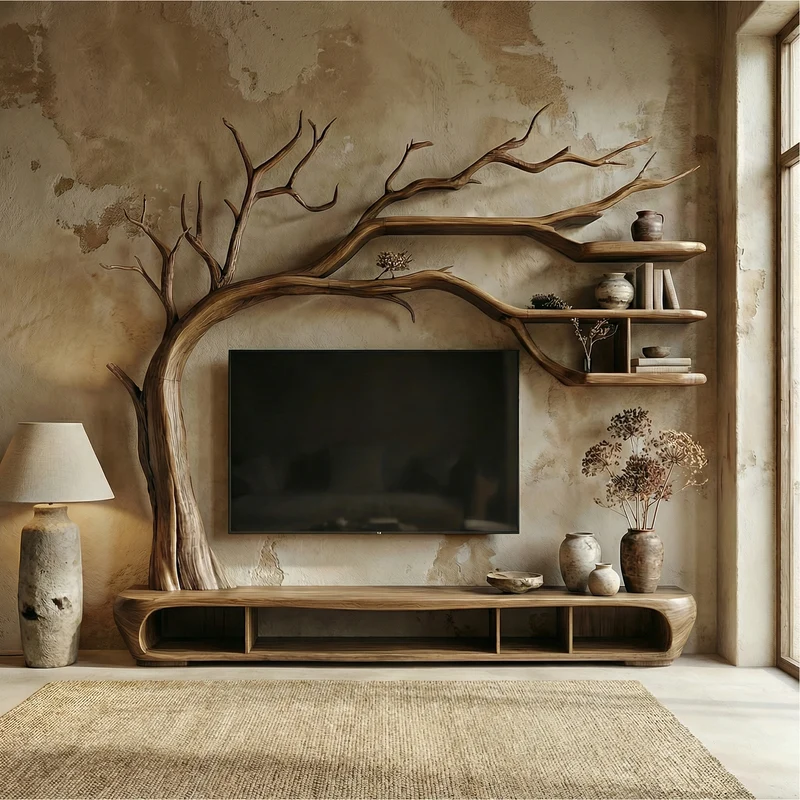 Rustic Sculptural Tree TV Unit For Living Room And Media Area SINLSATB700