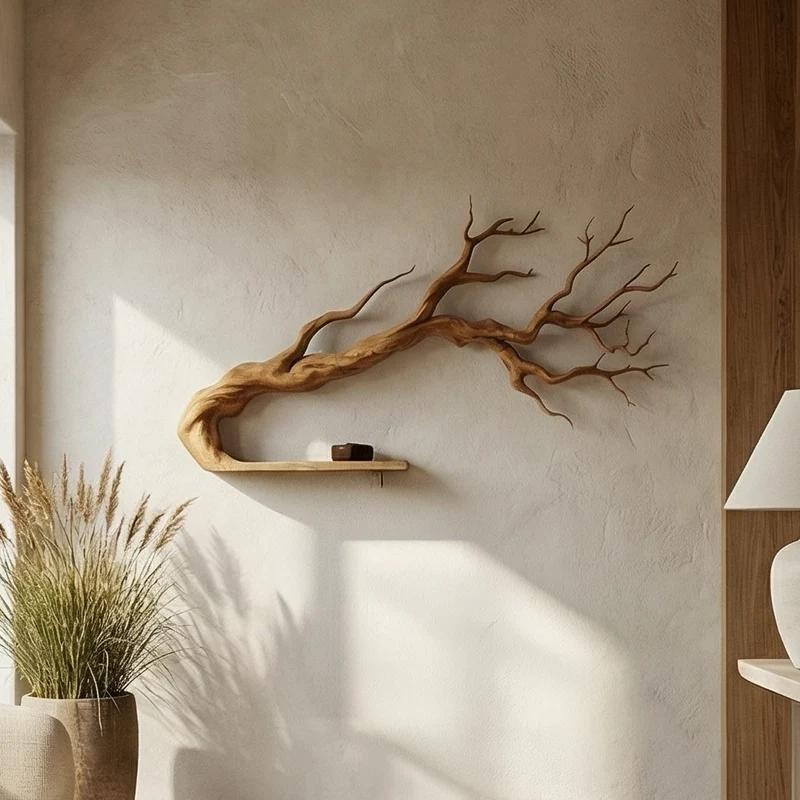 Spry Interior Rustic Tree-Inspired Floating Wood Shelf, Wall Mounted Branch Display Shelving for Bedroom & Lounge, SINLSATB702