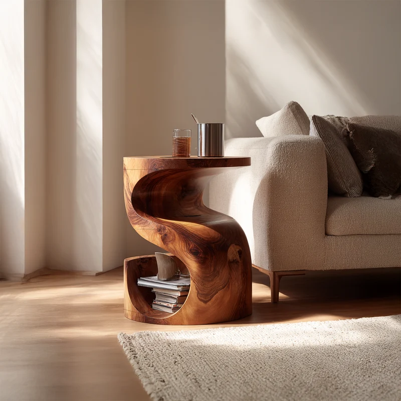 Spry Interior Mid-Century Modern Sculptural Bedside Nightstand, Solid Wood End Side Table for Bedroom & Living Room, SINLSABT235