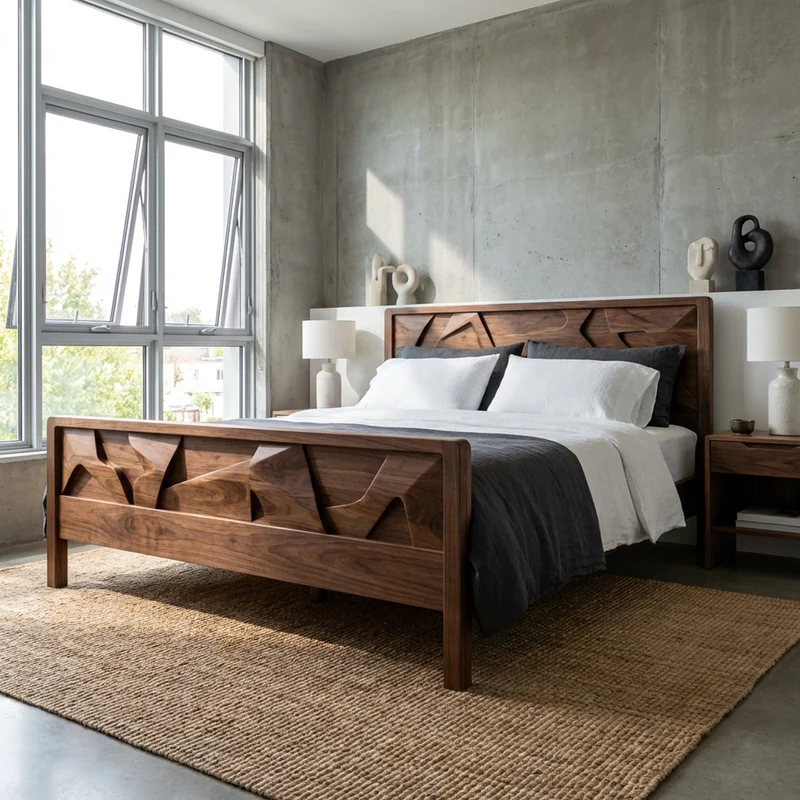 Spry Interior Rustic Statement King Bed Frame, Handcrafted Solid Wood Headboard & Low Profile Platform Bed, SINLKIWB110