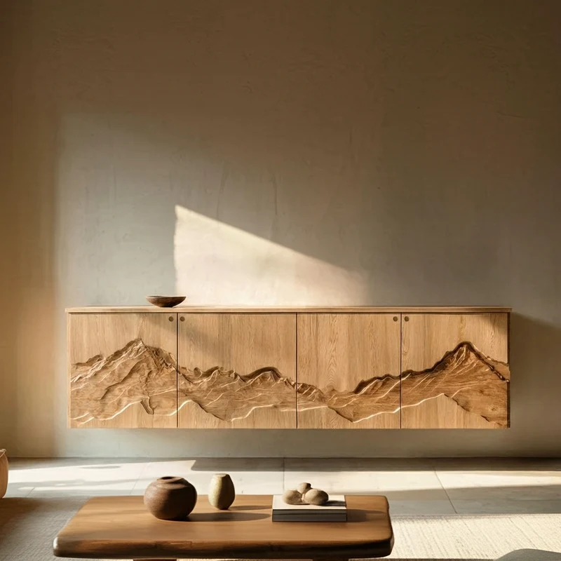 Spry Interior Rustic Mountain Art Wood Console Table, Handcrafted Solid Wood Entryway Credenza Sideboard Cabinet, SINLSASC466