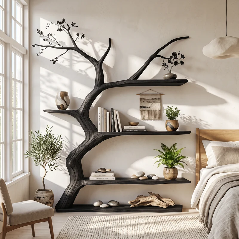 Spry Interior Rustic Sculptural Wood Wall Shelf, Handcrafted Floating Display Shelving for Studio & Reading Room, SINLSATB699