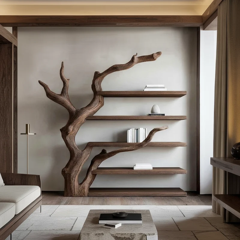 Spry Interior Rustic Tree-Inspired Floating Wall Shelf, Wood Branch Book & Plant Display Shelving, SINLSATB696