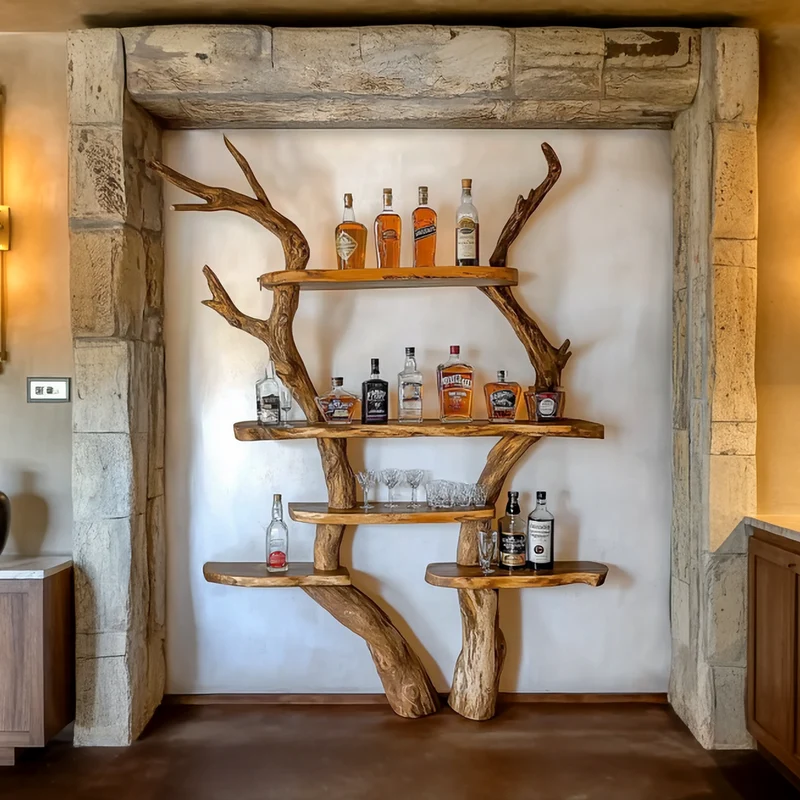 Spry Interior Rustic Bar Tree Wood Shelf, Handcrafted Wall Mounted Liquor & Wine Glass Rack for Home Bar, SINLSATB694