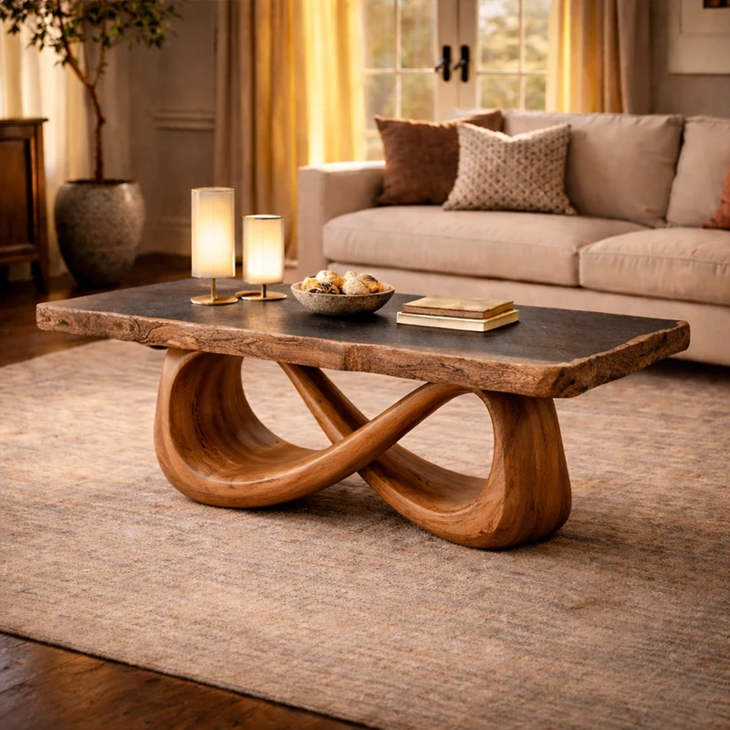 Spry Interior Sculptural Loop Solid Wood Coffee Table, Warm Modern Abstract Center Table for Luxury Living Room Interiors, SINLKICF308