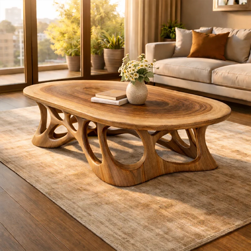 Spry Interior Sculpted Oval Solid Wood Coffee Table, Organic Flow Center Table for Mid-Century Modern Living Room Decor, SINLKICF306