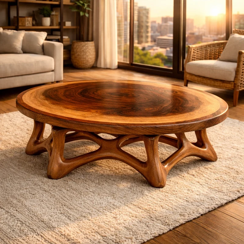Round Sculptural Solid Wood Coffee Table Organic Base Modern Living Room Interior SINLKICF305