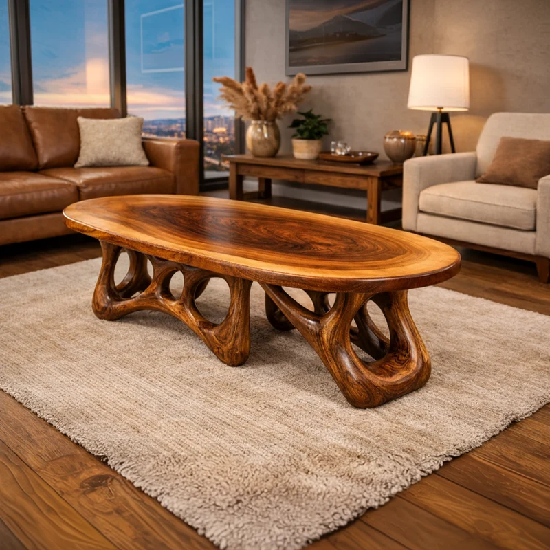 Sculpted Live Edge Solid Wood Coffee Table Organic Arch Silhouette Warm Contemporary Living Room Interior SINLKICF302