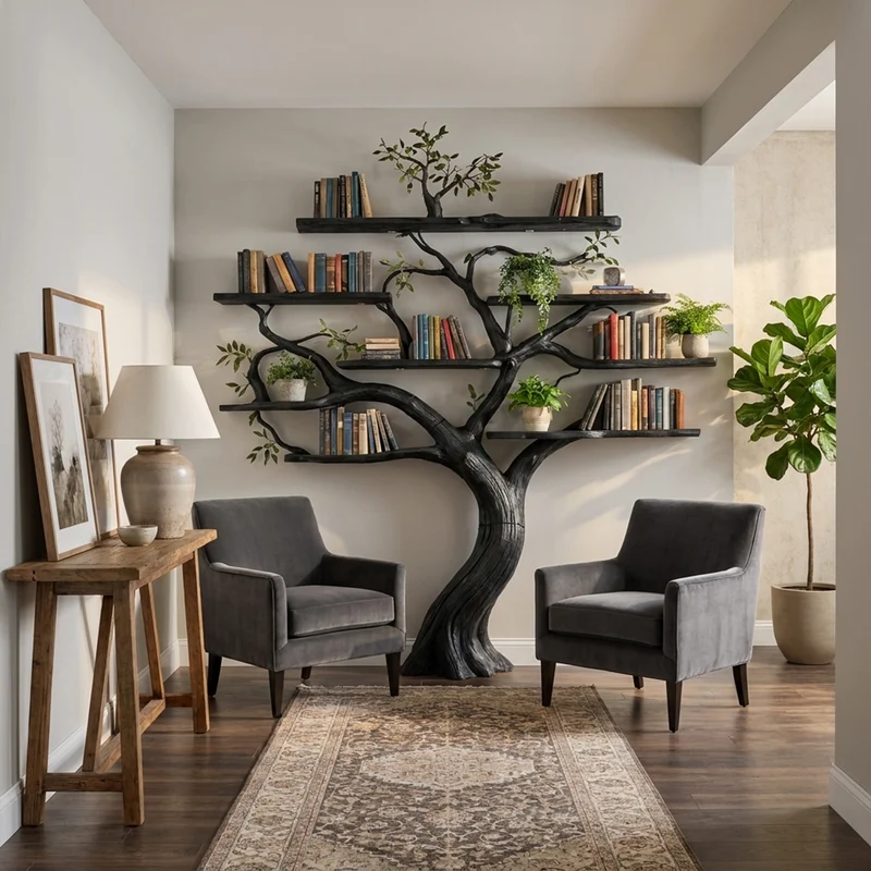 Spry Interior Organic Modern Large Tree Bookshelf, Freestanding Solid Wood Branch Bookcase & Storage Unit for Study & Library, SINLKITB675
