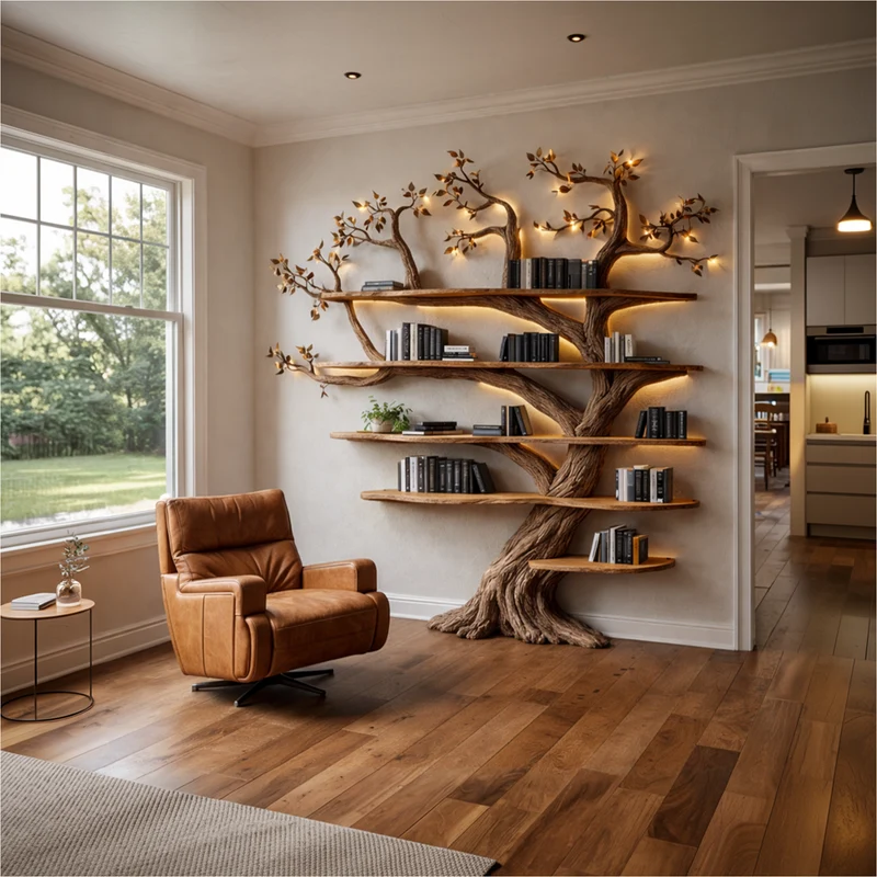 Spry Interior Rustic Artisan Wood Tree Bookshelf, Handcrafted Floating Branch Wall Mounted Statement Bookcase for Living Room, SINLKITB687