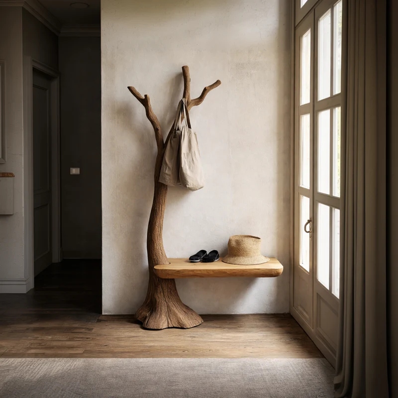 Sculptural Tree Coat Rack Bench Solid Wood Entryway Interior Minimal Storage SINLKITCR095