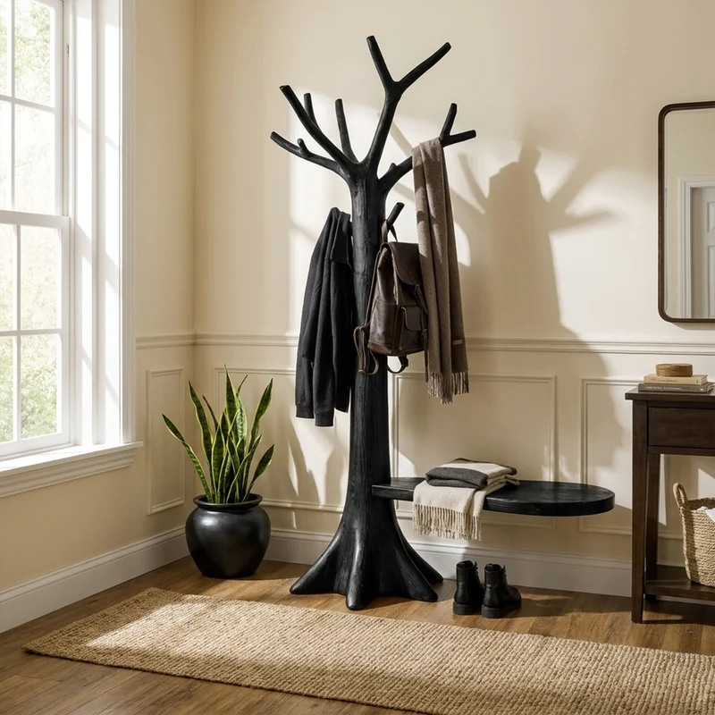 Sculptural Tree Coat Rack Solid Wood Entryway Interior Statement Decor SINLKITCR092