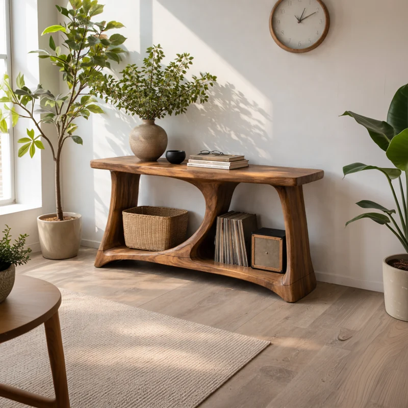 Spry Interior Rustic Sculptural Wood Console Table, Organic Tree-Inspired Foyer & Accent Sofa Entryway Desk Table, SINLKICS449