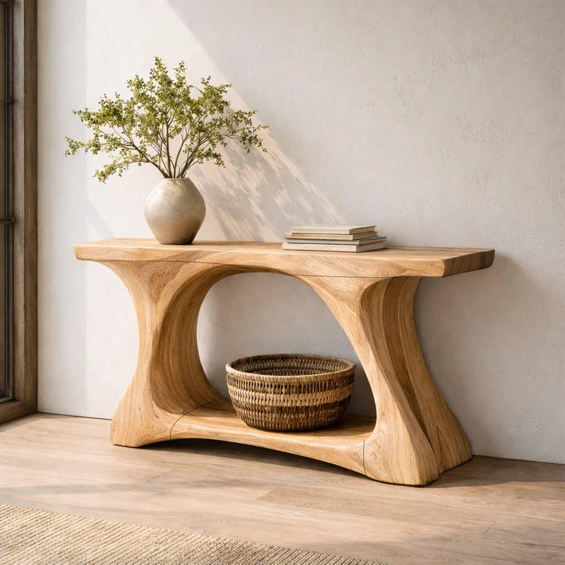 Spry Interior Rustic Wood Console Table with Organic Curved Tree Trunk Base, Handcrafted Entryway Accent Table for Living Room, SINLKICS459