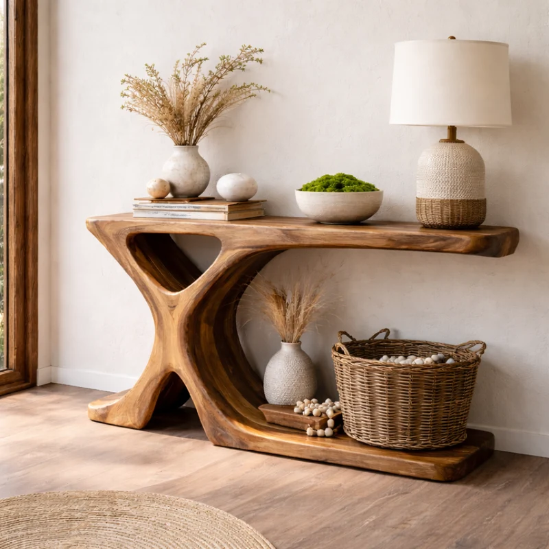 Spry Interior Handcrafted Wood Console Table with Tree Form Base, Organic Solid Wood Entryway Accent Table for Hallway Decor, SINLKICS456