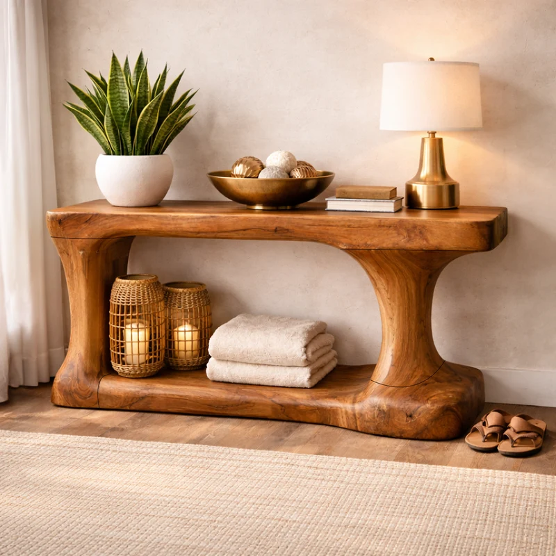 Spry Interior Rustic Wood Console Table, Organic Sculptural Design Handcrafted Entryway Table for Living Room Hallway Decor, SINLKICS452