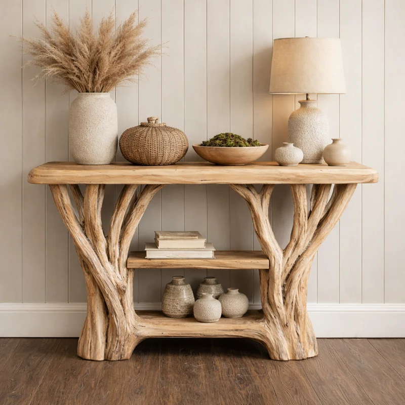 Spry Interior Japandi Style Wood Console Table, Sculptural Single Pedestal Base Minimalist Entryway Table for Modern Home, SINLKICS480