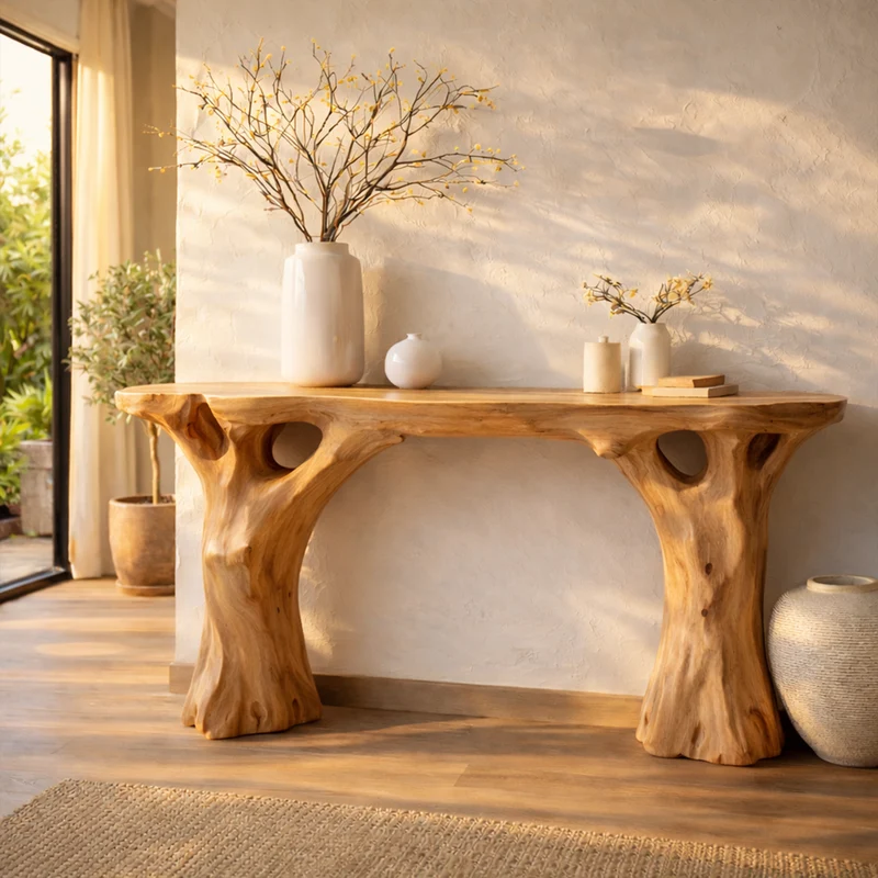 Spry Interior Rustic Modern Wood Console Table, Sculptural Handcrafted Entryway Table Art Furniture for Living Room Hallway, SINLKICS472