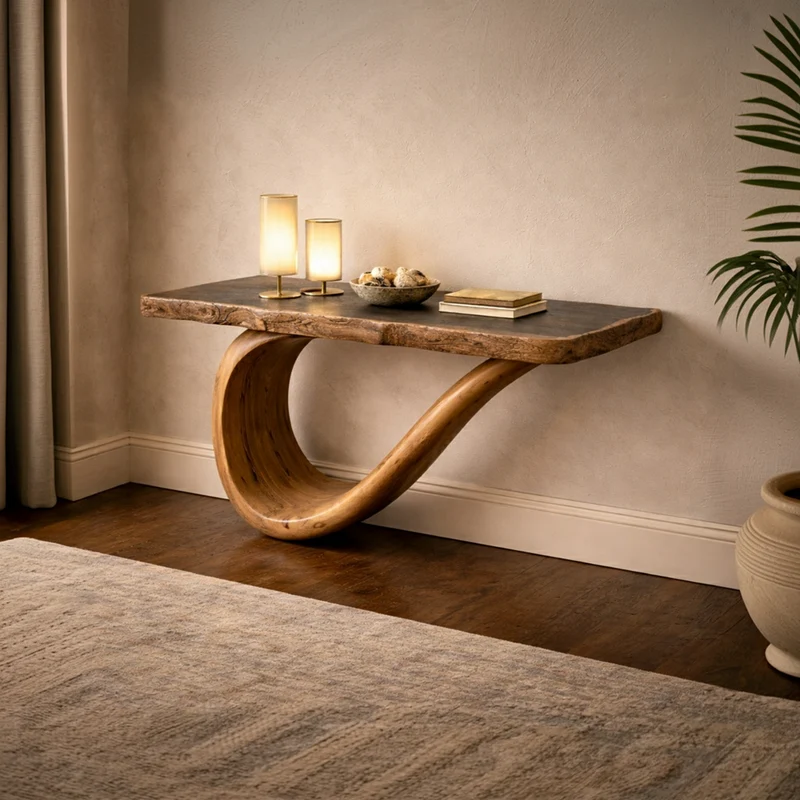 Spry Interior Sculptural Wood Console Table, Handcrafted Art Furniture Entryway Accent Shelf for Living Room and Gallery, SINLKICS471