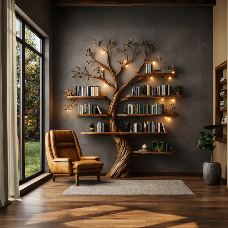 Spry Interior Rustic Nature-Inspired Tree Display Bookcase, Freestanding Wood Branch Organizer Shelf for Living Room Decor, SINLKITB649