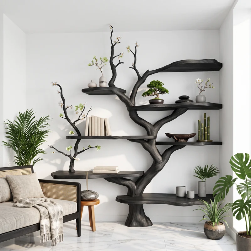 Spry Interior Sculptural Branch Bookcase, Solid Wood Tree Display Shelf for Living Room Interior Alcove Wall Decor, SINLSATB648