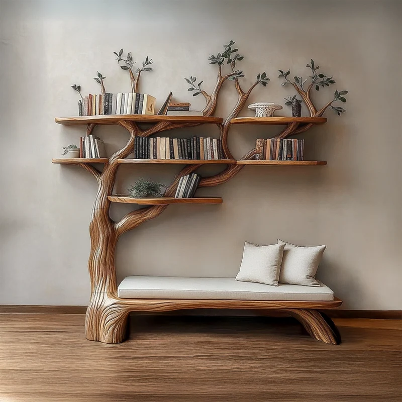 Sculptural Tree Bookshelf Bench Living Room Interior Integrated Display SINLSATB646