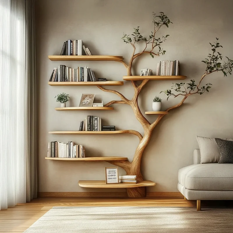 Spry Interior Sculptural Branch Bookcase, Solid Wood Free-Standing Tree Display Shelf, Airy Storage for Living Rooms, SINLSATB645