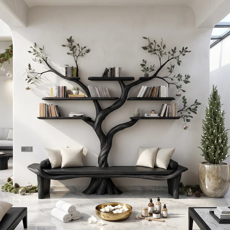 Rustic Sculptural Tree Bookshelf Bench Living Room Interior Statement Furniture SINLSATB644