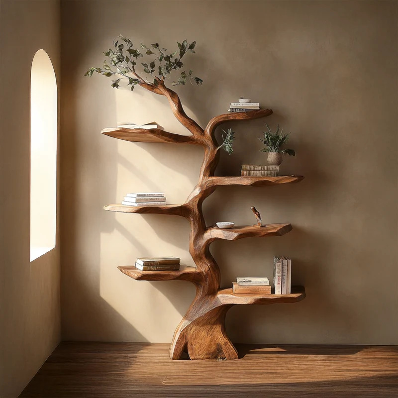 Spry Interior Rustic Sculptural Branch Bookcase, Space-Saving Solid Wood Tree Storage Rack for Living Room Interiors, SINLSATB643