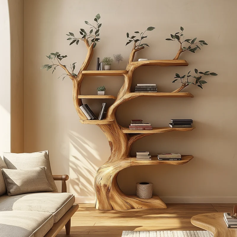 Spry Interior Handcrafted Tree Storage Shelf, Solid Wood Branch Display Bookcase, Statement Living Room Wall Interior Decor, SINLSATB642