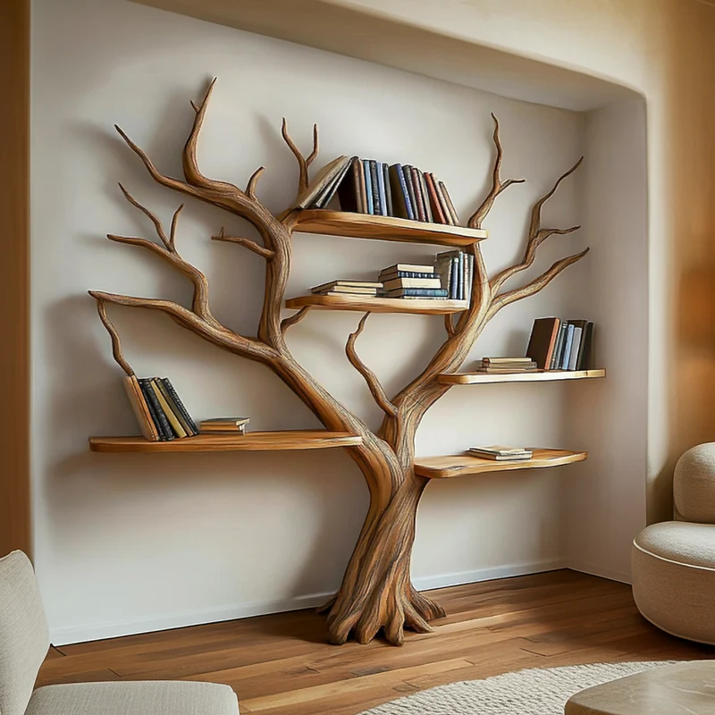 Spry Interior Rustic Sculptural Tree Bookshelf, Freestanding Wood Branch Display Bookcase for Living Room Statement Decor, SINLSATB641