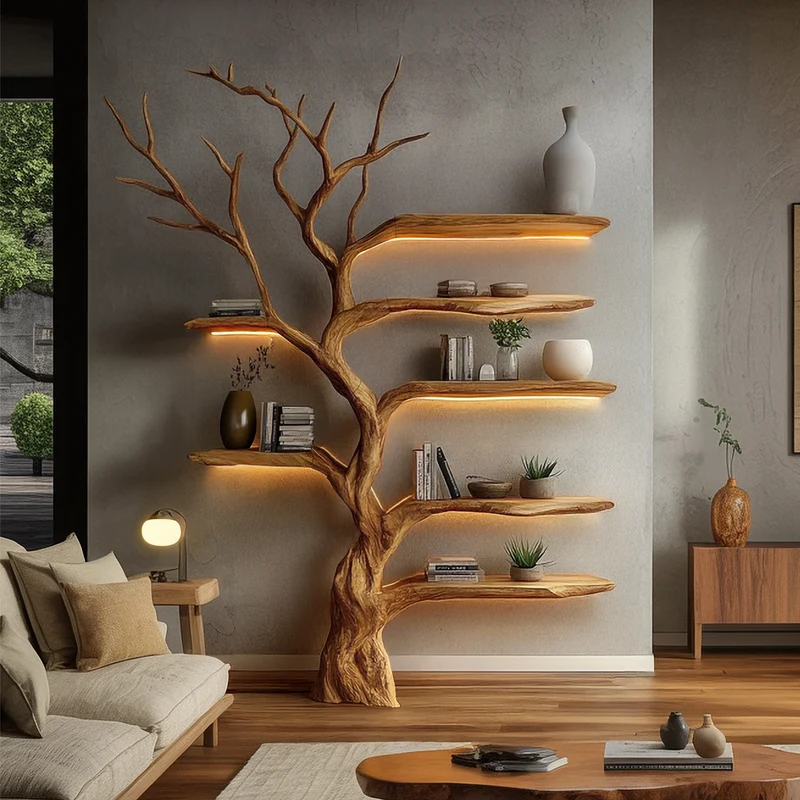 Spry Interior Rustic Organic Tree Bookshelf, Solid Wood Wall Mounted Branch Book Rack & Sculptural Display for Living Room, SINLSATB659