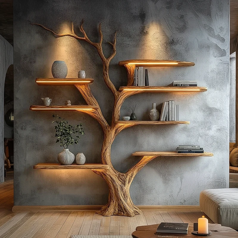 Spry Interior Rustic Sculptural Tree Bookshelf, Wall Mounted Wood Branch Bookcase, Statement Living Room Wall Art Feature, SINLSATB658