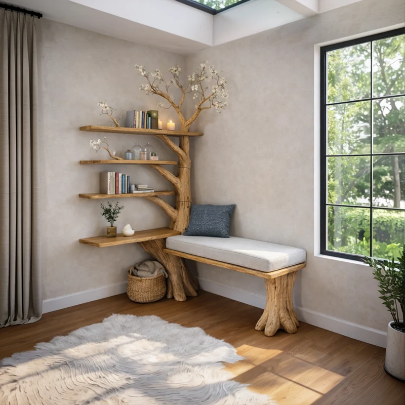 Spry Interior Rustic Artistic Tree Bookshelf with Integrated Bench Seating, Wood Branch Display Unit for Living Room Foyer, SINLKITB653